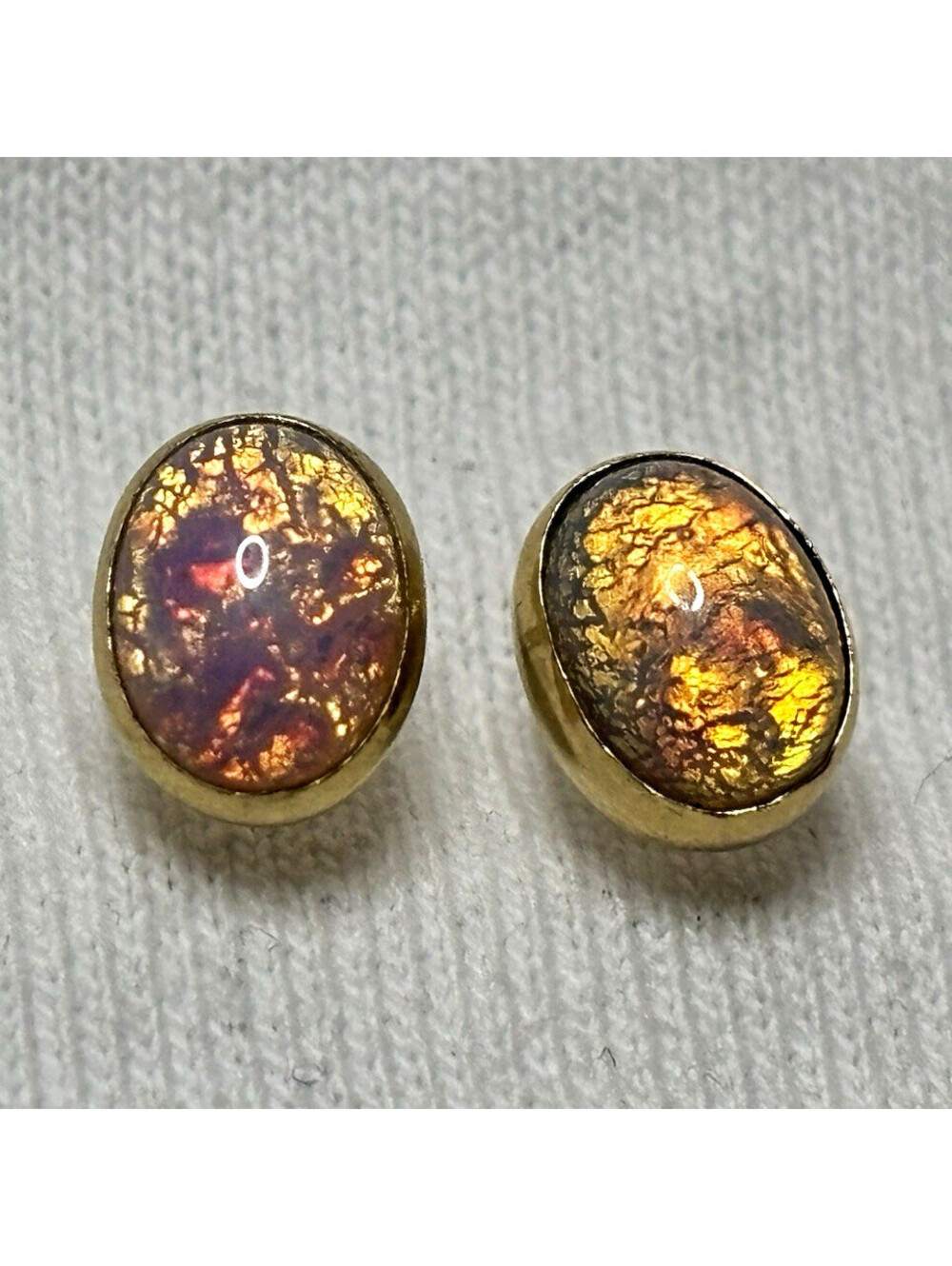 14K Yellow Gold Natural Opal Stud Earrings Oval Cabochon Fiery Play of Color
